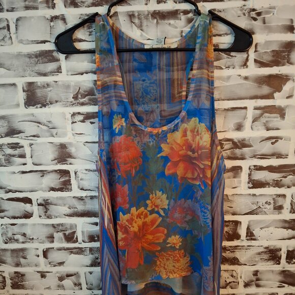 American Rag Cie Medium Sheer Tank Top Blue Floral Scoop Neckline Boho - Picture 1 of 5